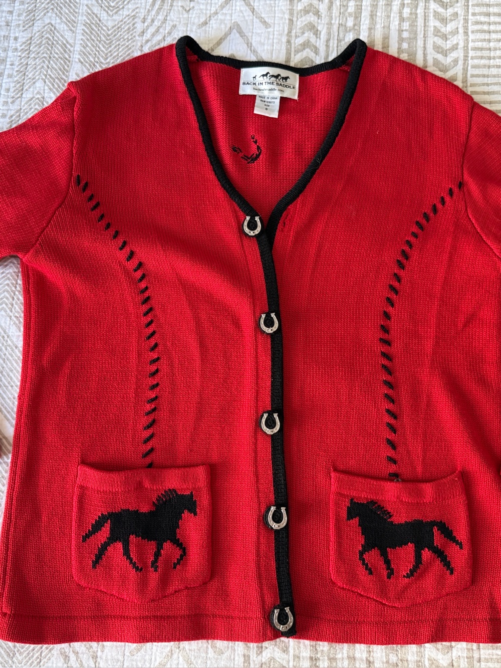Back in the Saddle Red Cardigan with Black Trim and Horse Pockets